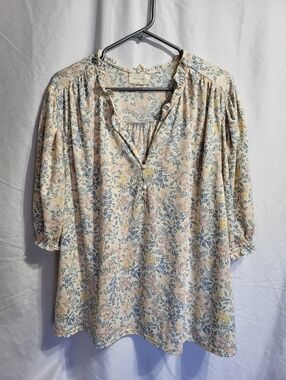 Melloday Boho Floral Ruffle-Trim Blouse — Cream with Blue & Pink Floral, Size 3x